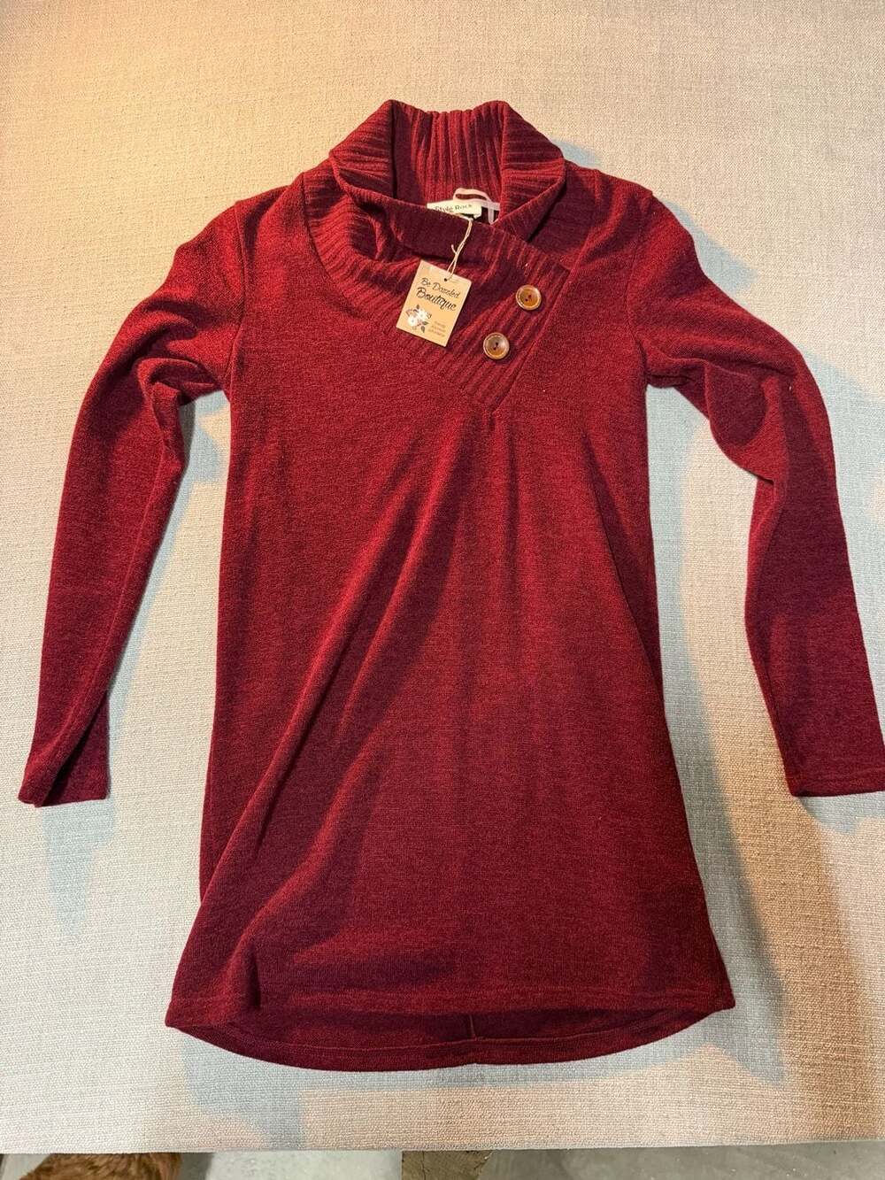 Style Rack Maroon Long Sleeve Cowl Neck Button Detail Tunic Sweater